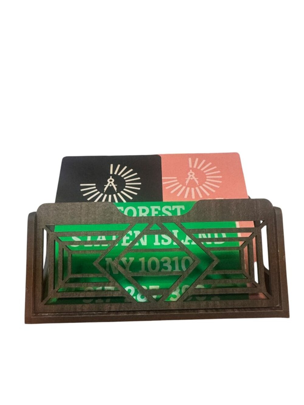 Business Card Holder, Dark Brown, Geometric Diamond Cut-Out Design, Desk Organi